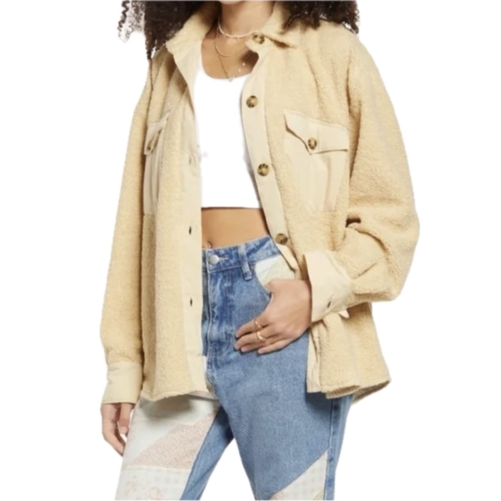 Nordstrom BP Teddy Bear Oversized Shacket Button Up Shirt Jacket Tan Size Small